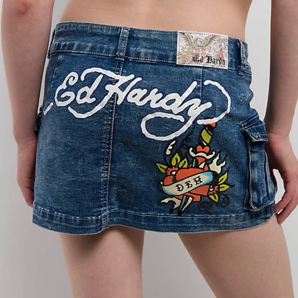 Ed Hardy Blue Denim skirt with Tattoo Graphics